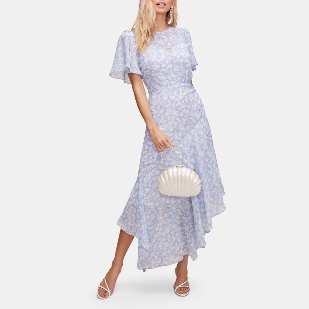 NWT ASTR The Label Flutter Sleeve Asymmetrical Floral Midi Dress